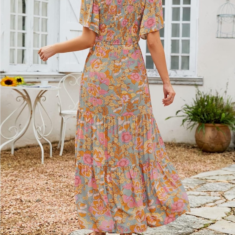 Women's Floral Maxi Dress - Orange and Pink - Picture 2 of 12